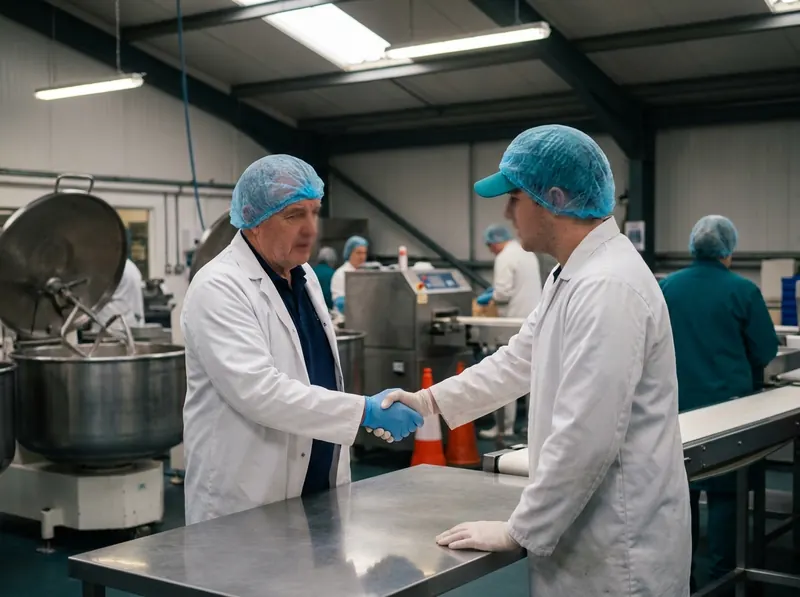 Consultant and food business owner shaking hands on a small production floor