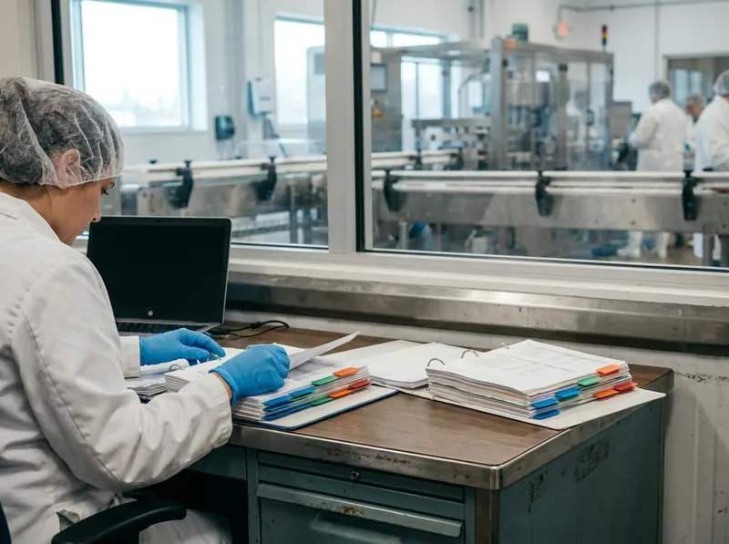 Quality manager comparing two tabbed food safety standard documents at a desk