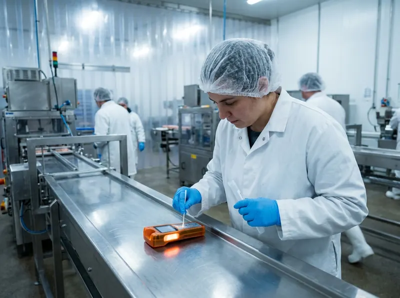 Technician swabbing a stainless steel conveyor for ATP hygiene verification in a high-care area
