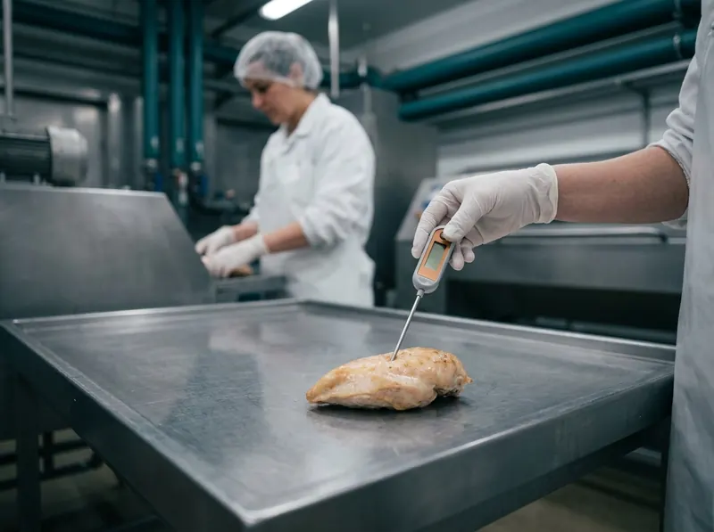 Probe thermometer verifying the cook temperature of chicken at a critical control point