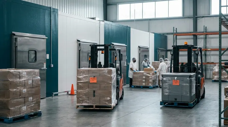 Food facility floor with cold room doors, forklifts moving pallets and workers in hairnets and white coats
