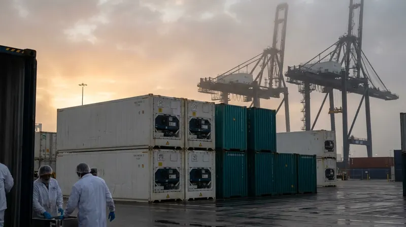 Refrigerated shipping containers at a port terminal with cargo cranes and workers in white coats