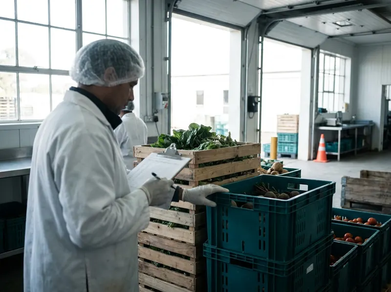 Packing shed worker recording lot numbers on crates of fresh organic vegetables