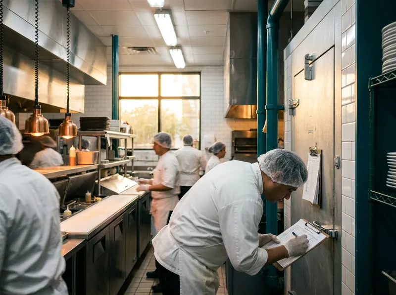 Restaurant kitchen line with a cook checking food temperature using a probe thermometer