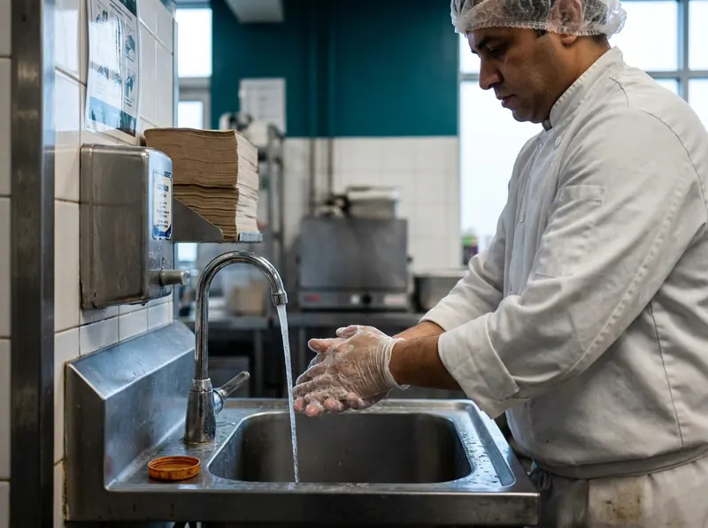 Chef washing hands at a stocked commercial kitchen hand sink