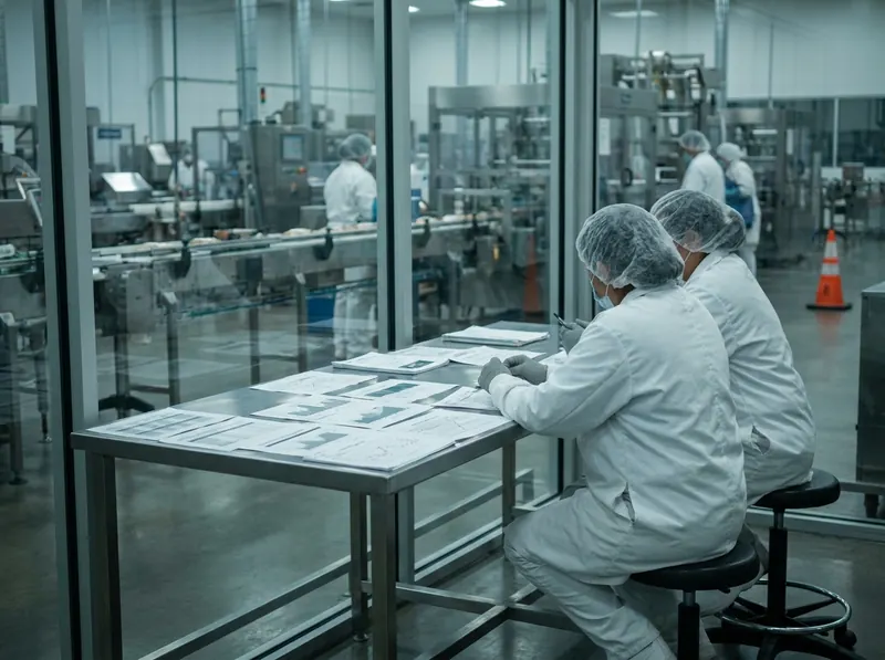 SQF practitioner and plant manager reviewing food safety performance beside a packaging hall