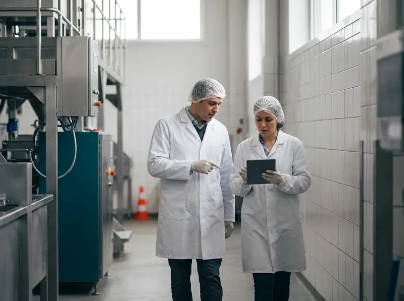 Auditor and quality manager walking a food plant corridor while reviewing records on a tablet
